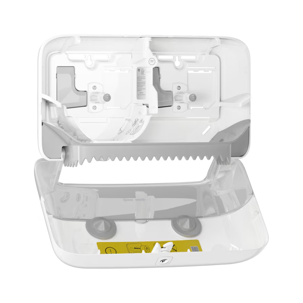 Il distributore a doppio rotolo Tork 558040 per carta igienica midi senza anima Elevation T7 di Essity Professional Hygiene Germany GmbH presenta un design aperto con sezioni trasparenti, evidenziando i meccanismi interni e la funzionalità ecologica per tenere ed erogare. Dispone di un bordo dentellato visibile, un'etichetta gialla con istruzioni ed è compatibile con la carta igienica midi senza anima.