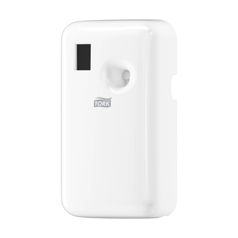 Il distributore Tork 562000 per spray deodoranti A1 di TORK - Essity Professional Hygiene Germany GmbH è un distributore bianco con un design sottile e rettangolare e un'area display nera. Dispone di un sistema aerosol con una piccola apertura rotonda per l'erogazione del profumo, integrato da un controllo elettronico per prestazioni ottimali.