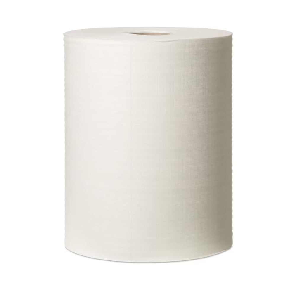 Eine große weiße Rolle TORK Tork 570137 Extra Starke Industrie Reinigungstücher W1 W2 W3 1-lagig | Karton (1 Rollen) steht vertikal vor einem schlichten weißen Hintergrund. Das Papier hat eine leicht strukturierte Oberfläche und die Rolle scheint neu und unbenutzt zu sein.