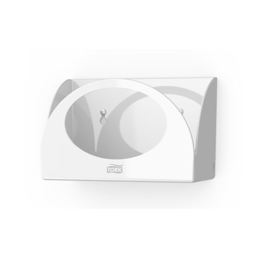Il Tork 655100 Small Pack Papierspender Performance W8, prodotto da TORK – Essity Professional Hygiene Germany GmbH, è un supporto per scatole di fazzoletti bianco montato a parete che consente un'installazione a parete salvaspazio. Ha un design frontale aperto con due viti visibili all'interno ed è contrassegnato con "Tork" per garantire protezione igienica.