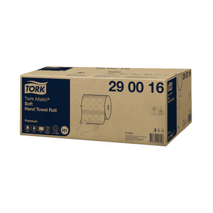 Una scatola di Tork Matic® 290016 asciugamano in rotolo morbido Premium H1 a 2 strati | Scatola (6 rotoli) di TORK – Essity Professional Hygiene Germany GmbH, con specifiche del prodotto evidenziate e simboli QuickDry™ per sottolineare la qualità premium.
