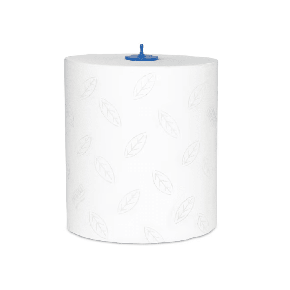 Un grande asciugamano in rotolo bianco Tork Matic® 290016 Premium H1 a 2 strati con un motivo a foglia discreto e un tappo blu di plastica al centro, progettato per l'uso in dispenser commerciali o industriali. Il rotolo TORK Premium H1 a 2 strati è in piedi su uno sfondo semplice.