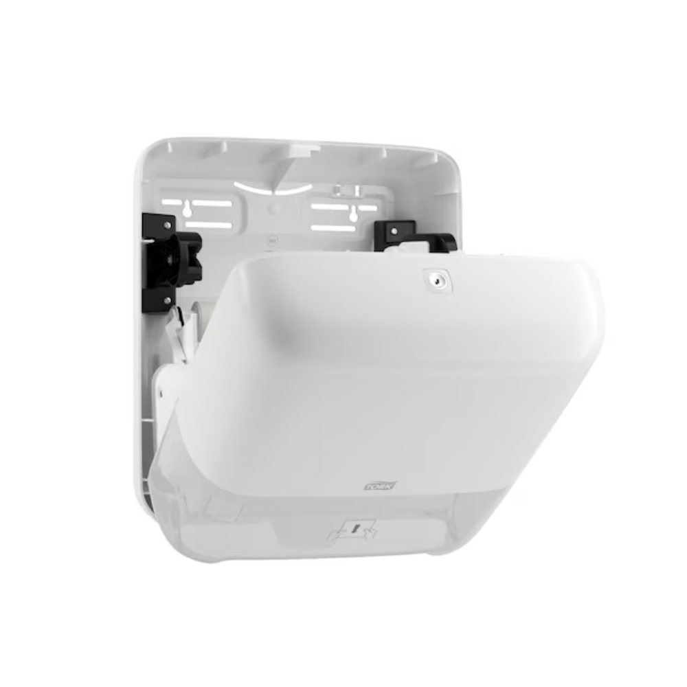 Il distributore Tork Matic® 551000 per asciugamani in rotolo Elevation H1 di TORK – Essity Professional Hygiene Germany GmbH è un elegante e moderno distributore bianco da montare a parete con parte frontale aperta che mostra il meccanismo interno per l'erogazione di fogli singoli. Dispone di superfici lisce, angoli arrotondati e un indicatore del livello di riempimento.