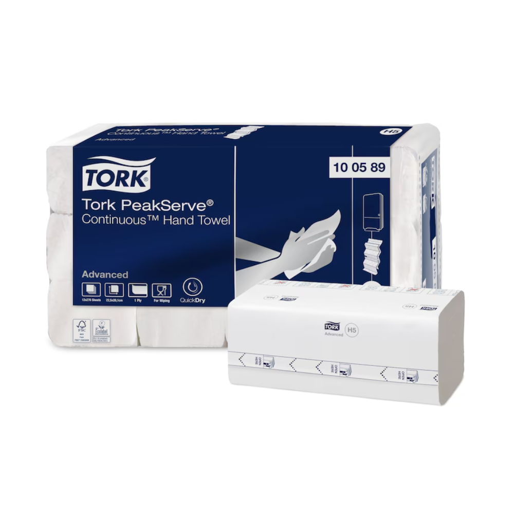 Sulla confezione di Tork PeakServe® 100589 Endlos™ Asciugamani Advanced H5 1-velo, il nome del prodotto e il logo sono chiaramente visibili, accompagnati da un'immagine dell'estrazione del singolo asciugamano. Simboli circostanti sottolineano caratteristiche come alta capacità e rapido prelievo. Il numero di confezione 100589 è chiaramente visibile.
