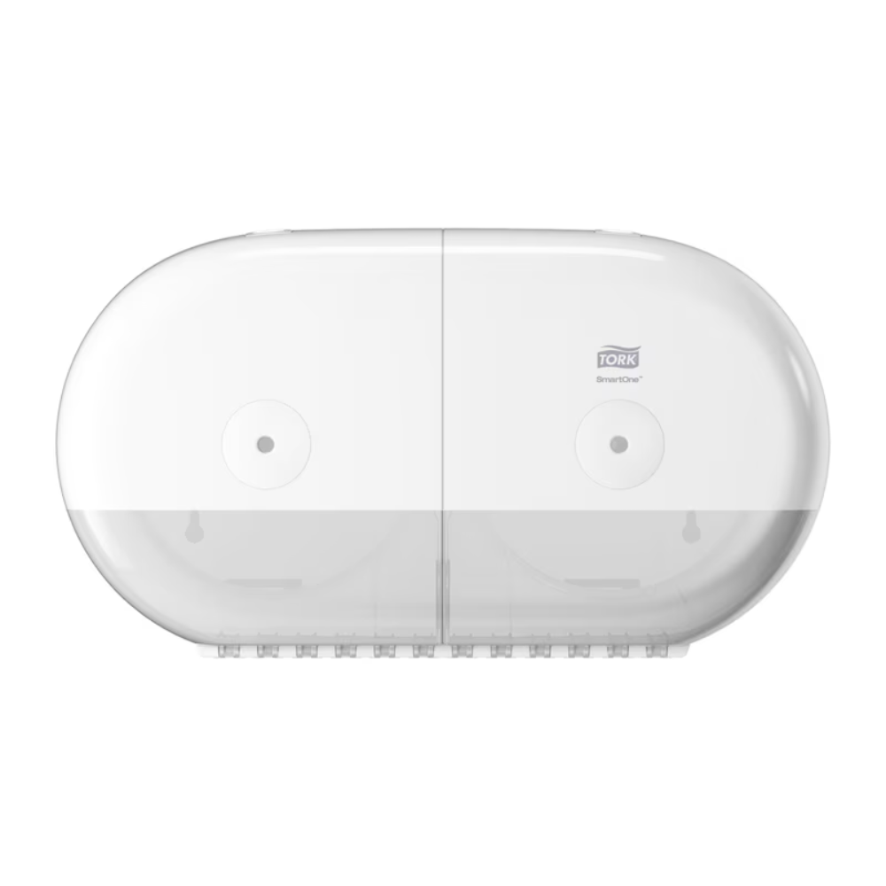 Il Tork SmartOne® 682000 Mini distributore doppio di rotoli per carta igienica T9 di Essity Professional Hygiene Germany GmbH è un distributore bianco di carta igienica doppio con base trasparente, che accoglie due rotoli in modo intelligente. Il suo design sottile e arrotondato lo rende una scelta eccellente per bagni commerciali o pubblici, offrendo sia funzionalità che eleganza.