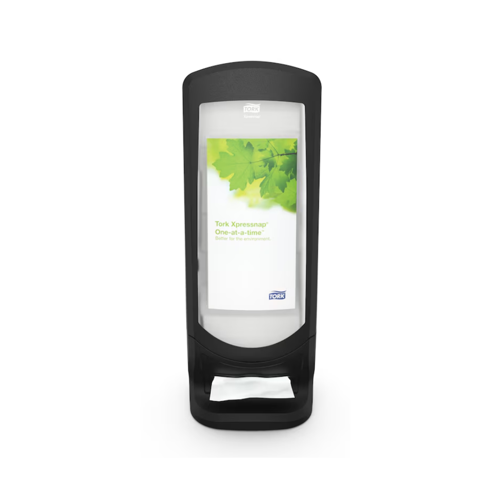 Il Tork Xpressnap® 272211 distributore da tavolo e a parete N4 di TORK - Essity Professional Hygiene Germany GmbH è un distributore nero, autoportante con una parte anteriore trasparente con design a foglia verde e la scritta 'Singolo'. Questo prodotto per il miglioramento dell'igiene garantisce un facile accesso ai tovaglioli, disposti comodamente all'apertura anteriore.