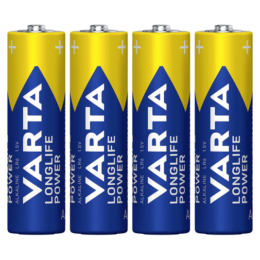 Quattro batterie Varta AG Industrial Pro Mignon AA disposte in fila verticale, con etichette blu e gialle.