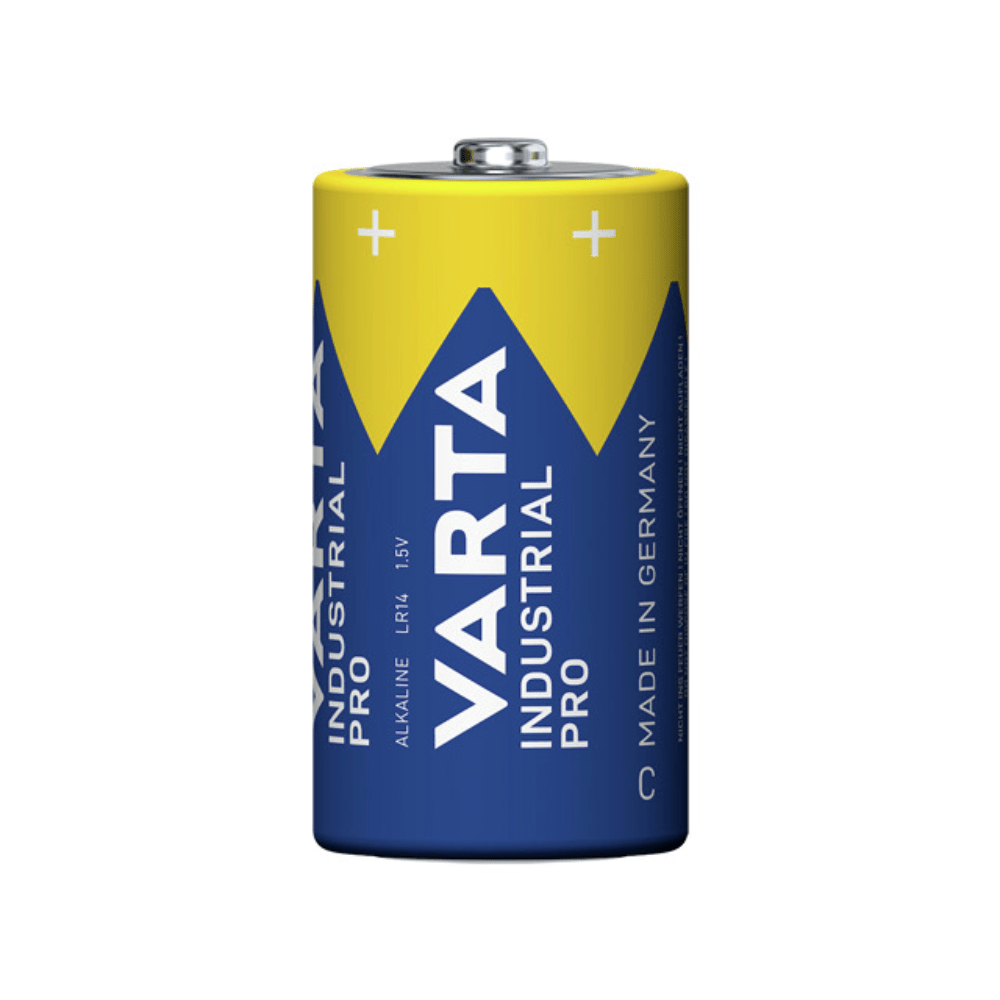 Una singola batteria Varta AG fuori produzione, modello Industrial 4014 Pro Baby C, tipo LR14 da 1,5 V (1 pezzo), con il marchio in blu e giallo, è raffigurata in posizione verticale su uno sfondo bianco semplice.