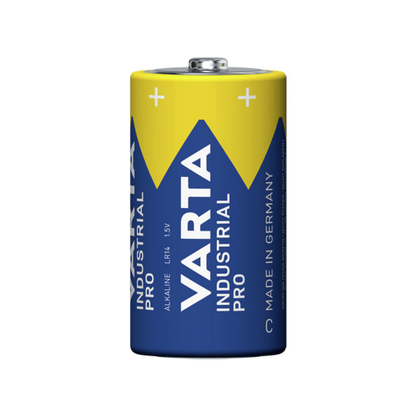 Una singola batteria Varta AG fuori produzione, modello Industrial 4014 Pro Baby C, tipo LR14 da 1,5 V (1 pezzo), con il marchio in blu e giallo, è raffigurata in posizione verticale su uno sfondo bianco semplice.