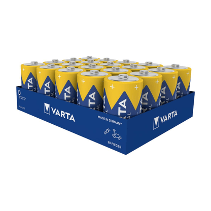 Un vassoio blu contiene 20 batterie Varta Industrial 4014 Pro Baby C LR14 da 1,5 V prodotte da Varta AG, dotate di cappucci gialli, etichette blu e del logo Varta. Sul vassoio sono riportate le diciture "20 pezzi", "made in Germany" e l'indicazione di compatibilità della batteria Baby C.