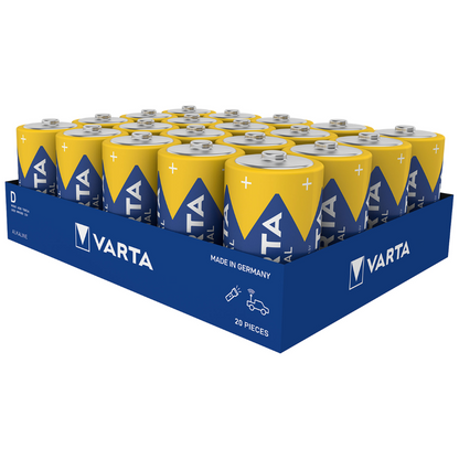 Una confezione con 20 batterie Varta AG Industrial Pro Mono D 4020 LR20, ciascuna con un design giallo-blu con il marchio e il testo "Made in Germany", presentata in una scatola aperta blu.