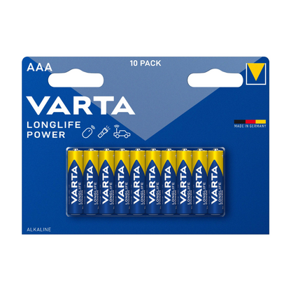 Una confezione da 10 batterie Varta AG Longlife Power Micro AAA, presentata in una confezione di cartone blu-gialla, etichettata con il marchio e la dimensione della batteria, concepita per un alto fabbisogno energetico.