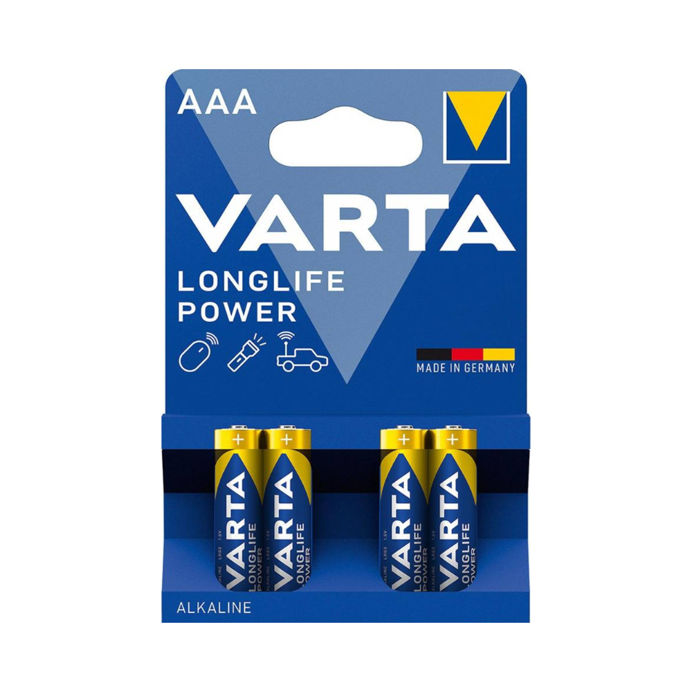 Confezione delle batterie Varta Longlife Power Micro AAA 4903 LR03 alcaline della Varta AG con quattro batterie impilate orizzontalmente, contrassegnate come Made in Germany. La confezione è blu-bianca con scritte in grassetto.