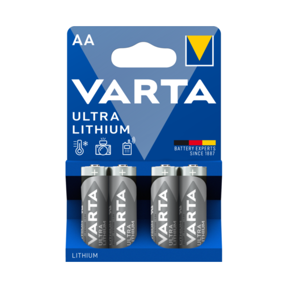 Immagine di una batteria Varta Ultra Lithium AA | Confezione (4 pezzi). La confezione blu mostra quattro batterie al litio AA, adatte per dispositivi elettronici e fotocamere, ideali quindi per usi sportivi e all'aperto. Il testo recita "Esperti di batterie dal 1887" e mostra un logo triangolare giallo-blu.