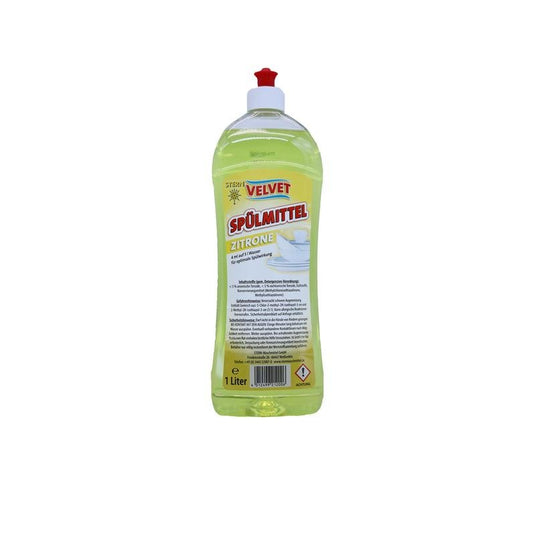 Una bottiglia di plastica da 1 litro di detersivo per piatti Velvet, di colore giallo, della Stern Waschmittel GmbH con tappo flip-top rosso ed etichetta gialla recante le informazioni sul prodotto in lingua tedesca.