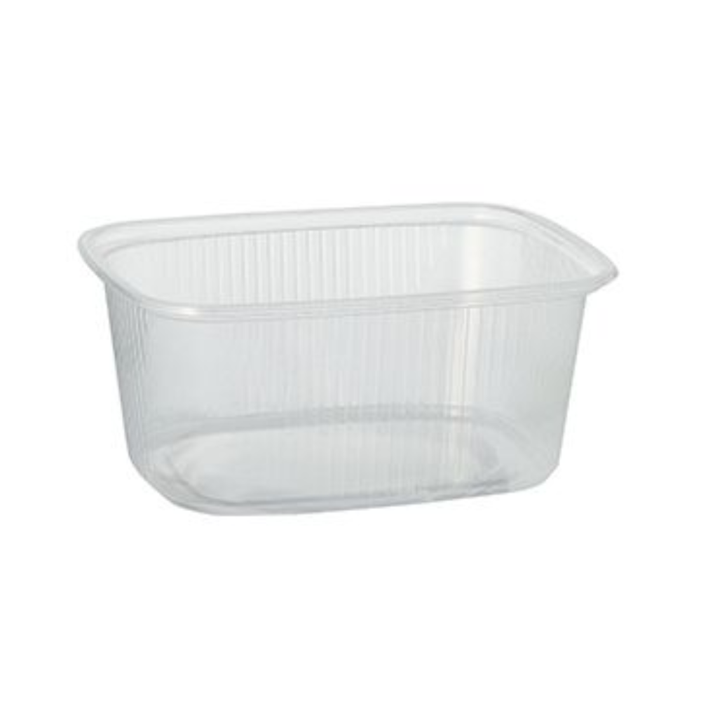 Il bicchiere per imballaggio Starpak 100 è un contenitore alimentare PP rettangolare trasparente da 250 ml con angoli arrotondati e lati scanalati di Starpak, ideale per la conservazione degli alimenti, raffigurato vuoto su uno sfondo bianco uniforme.