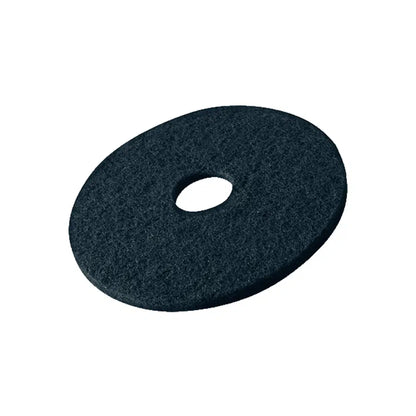 Die Vileda Professional DynaCross Superpads Bodenscheiben von Vileda GmbH sind schwarze, runde Bodenpolierpads mit einem Loch in der Mitte. Ihre strukturierte Oberfläche ist perfekt für die Bodenpflege geeignet und ermöglicht hervorragendes Polieren und Polieren mit Bodenreinigungsmaschinen.