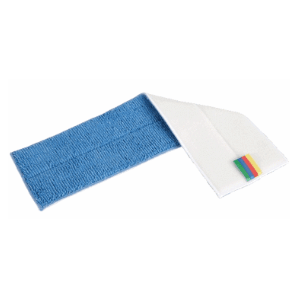 Un mop Vileda Professional Express BaseLoop blu-bianco, 40 cm, con angolo piegato di Vileda GmbH, con la loro tecnologia avanzata. L'etichetta a strisce contiene un sistema di codifica a colori per una facile identificazione.