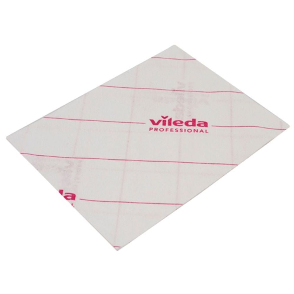 Un panno in microfibra Vileda Professional MicroOne bianco con linee rosse e stampa rossa "Vileda Professional" offre risultati di pulizia eccellenti e soddisfa rigorosi standard igienici. Il panno rettangolare con dimensioni di 34 x 27 cm è presentato piatto su uno sfondo monocromatico.