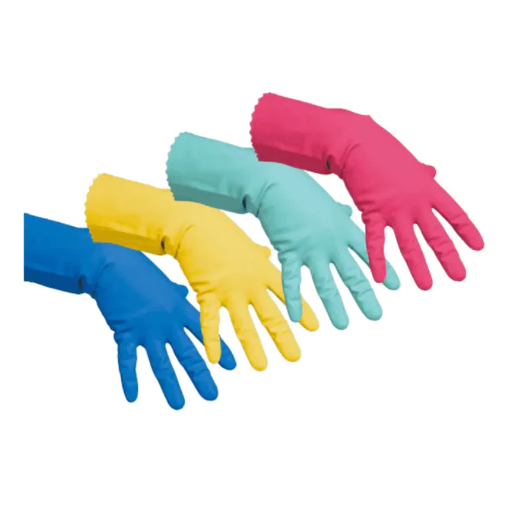 Quattro guanti multiuso professionali della Vileda GmbH, conosciuti come 'Il guanto multiuso fine', sono presentati in colori vivaci - Blu, Giallo, Verde e Rosa. I guanti sono disposti in fila, con le dita distese rivolte verso il basso su uno sfondo bianco impeccabile, ideali per compiti di pulizia.
