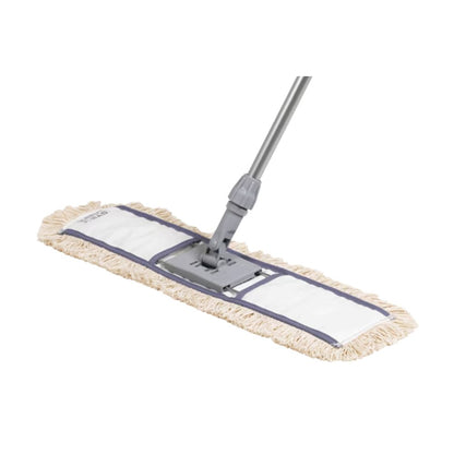Il Vileda Professional Staubmop Classic di Vileda GmbH è un mocio per la pulizia a umido lungo 60 cm con un manico lungo e una testa piatta e rettangolare. Dispone di un pad bianco con frange beige ed è collegato tramite una cerniera grigia. Ideale per una spolveratura efficace, si presenta su uno sfondo bianco.
