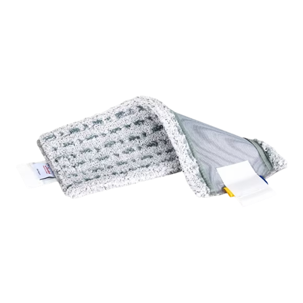 Un panno di pulizia strutturato grigio, il Vileda Professional UltraSpeed MicroLite max - 40 cm di Vileda GmbH, è parzialmente piegato per mostrare il suo strato interno. Ha etichette a un'estremità con istruzioni per la cura e informazioni sul prodotto per un uso e una manutenzione comodi.