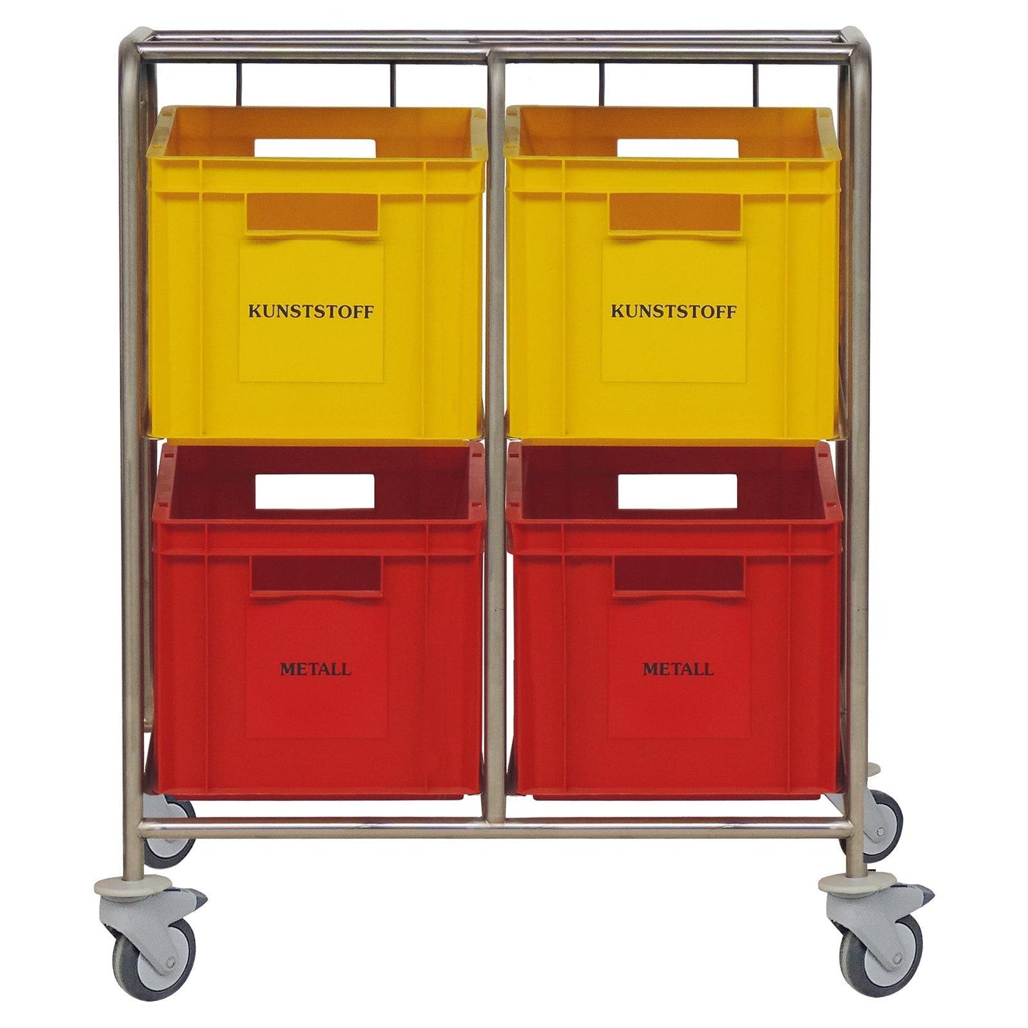 Il raccoglitore di materiali riciclabili Novocal con contenitori in plastica colorati dispone di un telaio in acciaio inossidabile con quattro contenitori in plastica - due gialli con la scritta "KUNSTSTOFF" e due rossi con la scritta "METALL" -, tutti su ruote per un comodo riciclaggio.