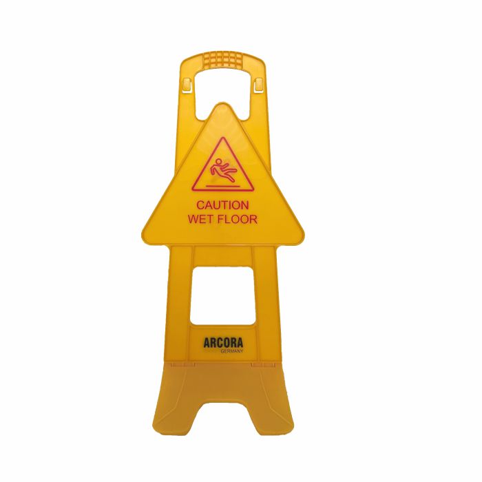 Un cartello di plastica gialla in posizione verticale "Arcora Cartello di Avvertimento Pinguino Inglese" della Arcora International GmbH con simbolo di avvertimento rosso e testo in inglese è raffigurato su sfondo bianco. Il cartello viene consegnato in una scatola con 11 pezzi.