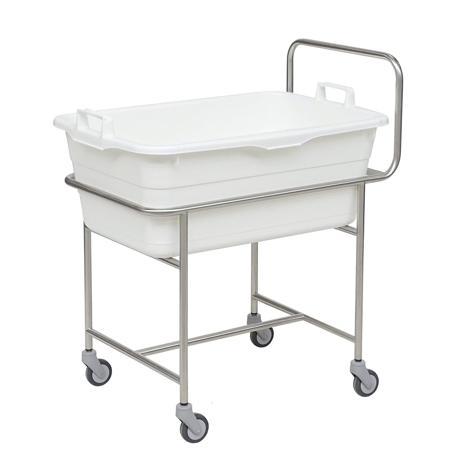 Il telaio in acciaio inossidabile Novocal con maniglia di spinta è dotato di quattro ruote girevoli da Ø 75 mm a scorrimento leggero e sostiene una vasca in plastica bianca con maniglie.