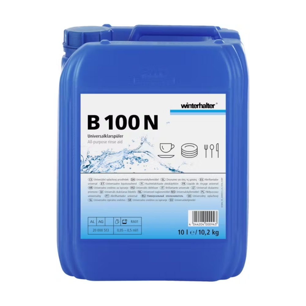 Un contenitore blu da 10 litri con il brillantante Winterhalter B 100 N di Altruan, sviluppato per lavastoviglie industriali. Sulla confezione sono visibili il nome del prodotto, loghi e immagini di stoviglie che sottolineano la capacità del prodotto di garantire un'asciugatura senza macchie e di essere adatto a diverse applicazioni di lavaggio delle stoviglie.
