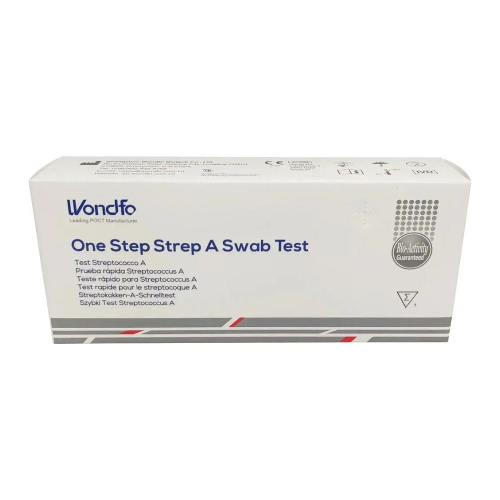 Nella foto è raffigurata una scatola bianca con la scritta "Wondfo Test Rapido per Streptococco A - Test Autodiagnostico per Scarlattina" di Altruan, ideale per il rilevamento dello streptococco a casa. La confezione presenta un testo multilingue e un sigillo di qualità sul lato destro, con strisce rosse e grigie nella parte inferiore.