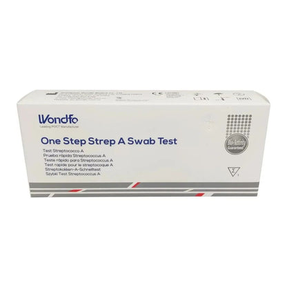 Nella foto è raffigurata una scatola bianca con la scritta "Wondfo Test Rapido per Streptococco A - Test Autodiagnostico per Scarlattina" di Altruan, ideale per il rilevamento dello streptococco a casa. La confezione presenta un testo multilingue e un sigillo di qualità sul lato destro, con strisce rosse e grigie nella parte inferiore.