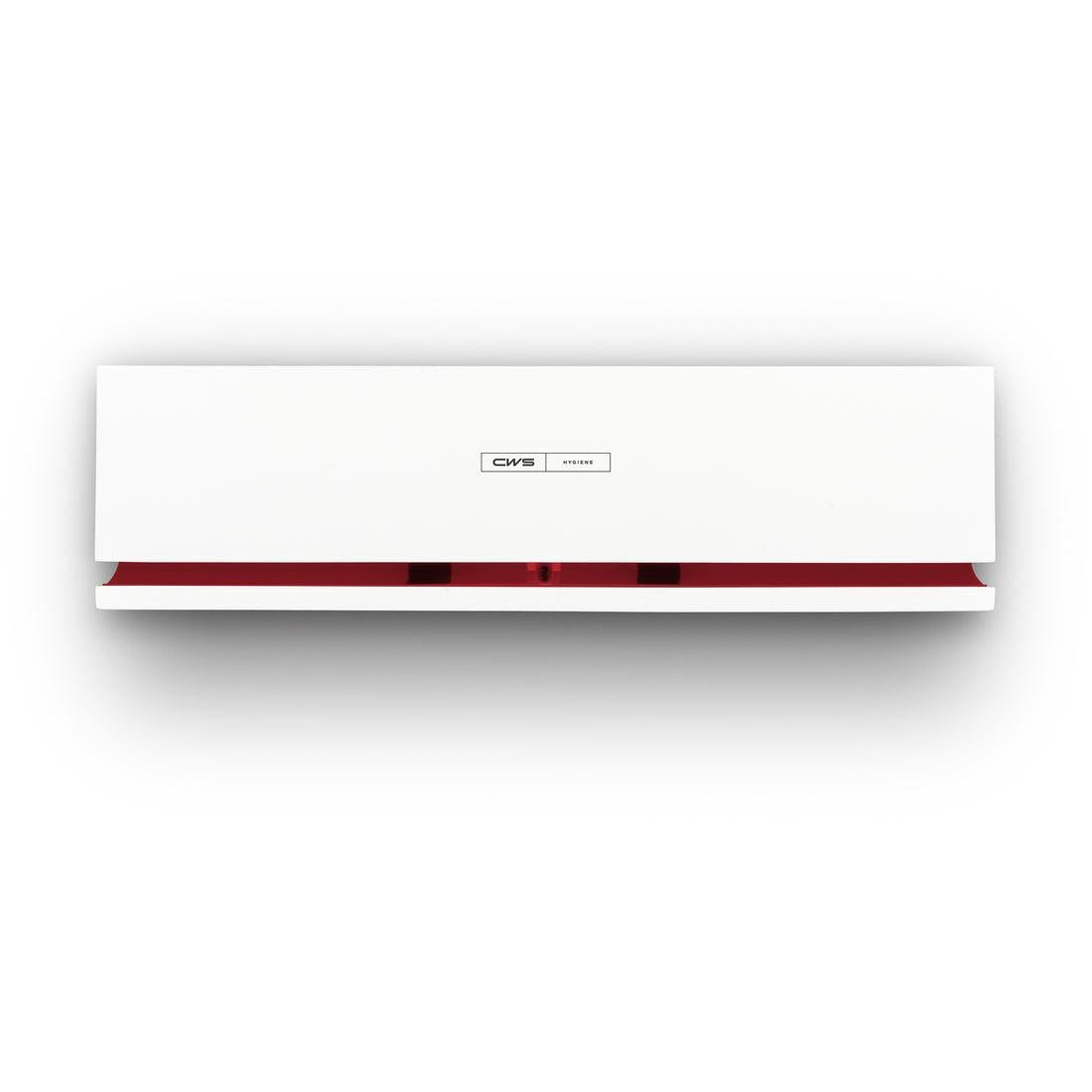 Un pannello frontale CWS bianco e rettangolare per diffusore di fragranze Air Bar con design moderno, un accento rosso alla base e un'etichetta "CWS Hygiene" al centro.