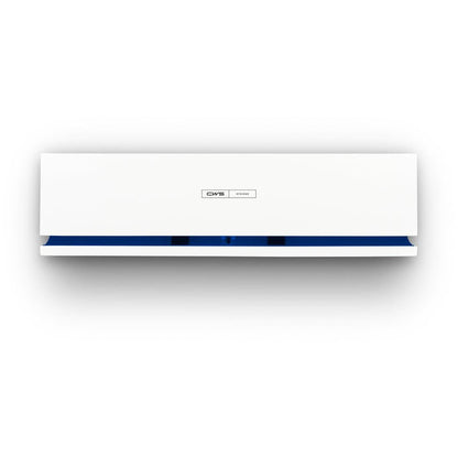 Un diffusore di fragranze Air Bar CWS rettangolare bianco con accento blu e pannello frontale CWS è montato su una parete bianca e si presenta con un design moderno.
