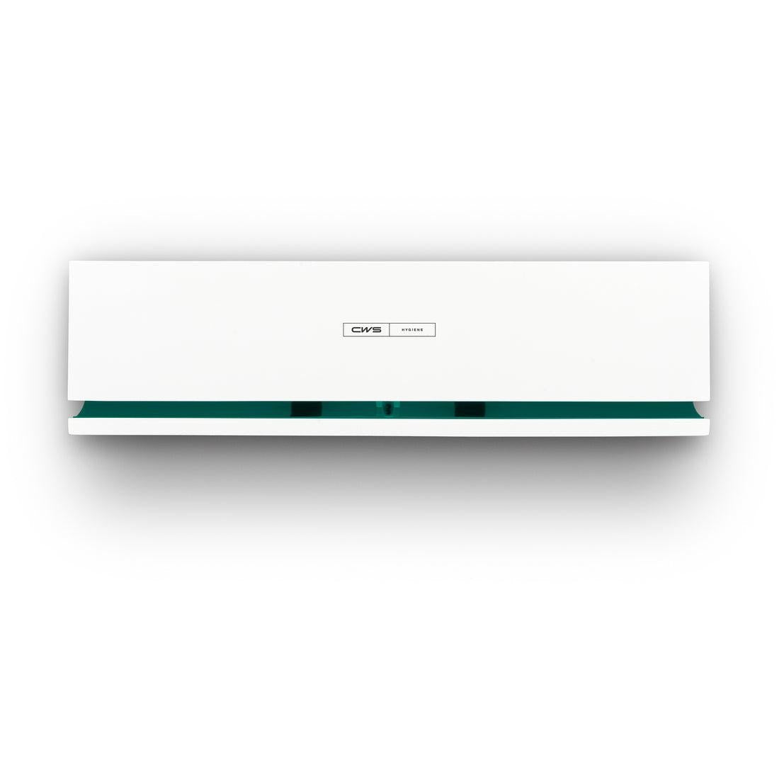 Un pannello frontale CWS bianco, rettangolare e da parete per diffusore di fragranze Air Bar si distingue per un design moderno con una piccola finestra verde e un'etichetta centrale "CWS Hygiene". Ideale per abbinarsi al diffusore di fragranze Air Bar CWS.