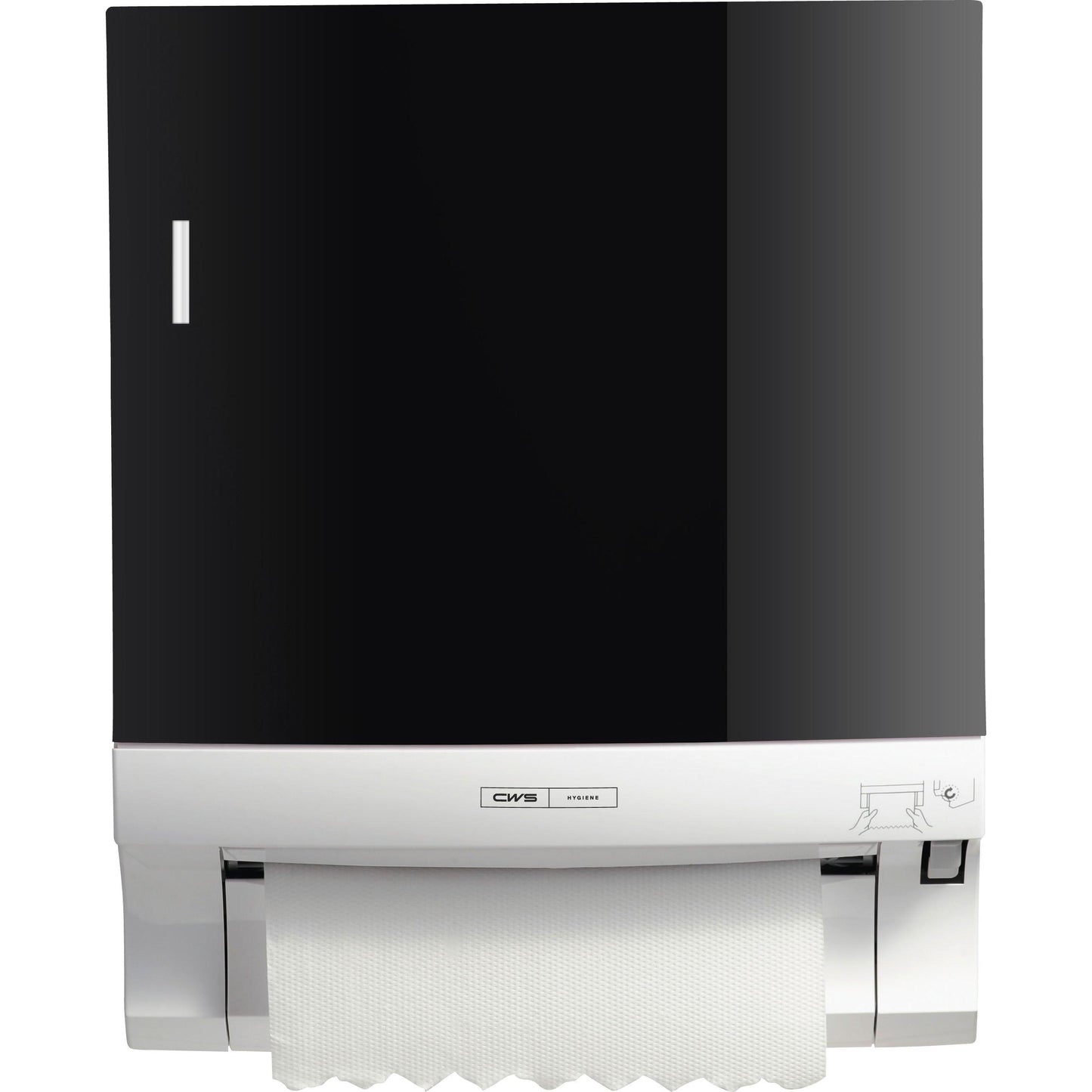 Il pannello frontale CWS per dispenser di asciugamani di carta a rotolo Paperroll è un dispenser da parete bianco e nero con carta asciugamani visibile, piccole grafiche e l'etichetta del marchio CWS sulla parte anteriore - perfetto per l'ottimizzazione dei bagni.
