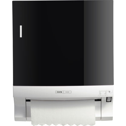 Il pannello frontale CWS per dispenser di asciugamani di carta a rotolo Paperroll è un dispenser da parete bianco e nero con carta asciugamani visibile, piccole grafiche e l'etichetta del marchio CWS sulla parte anteriore - perfetto per l'ottimizzazione dei bagni.