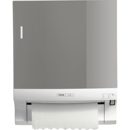 Il pannello frontale CWS per dispenser di asciugamani di carta a rotolo Paperroll montato a parete di CWS mostra un foglio parzialmente estratto e un simbolo di istruzioni ed è quindi ideale per un'efficiente ottimizzazione dei bagni.