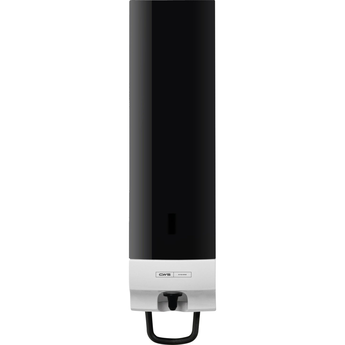 Un pannello frontale CWS montato a parete, bianco e nero, per il distributore di schiuma di sapone Foam Slim Non-Touch dispone di una leva di pressione nella parte inferiore e porta il marchio "CWS".