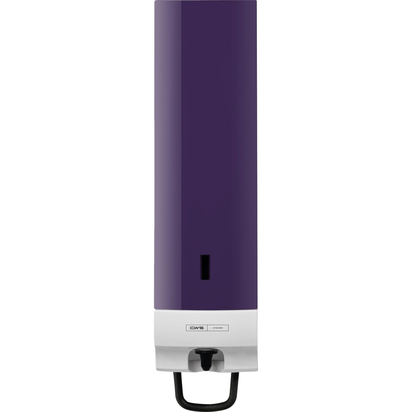 Il pannello frontale CWS per il distributore di schiuma di sapone Foam Slim Non-Touch ha un design rettangolare montato a parete con una parte superiore viola scuro, una parte inferiore bianca, una leva di pressione nera e una piccola finestra rettangolare al centro.