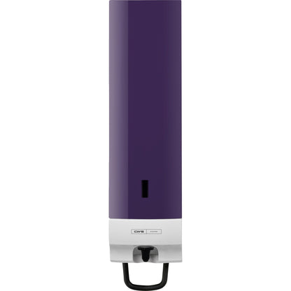 Il pannello frontale CWS per il distributore di schiuma di sapone Foam Slim Non-Touch ha un design rettangolare montato a parete con una parte superiore viola scuro, una parte inferiore bianca, una leva di pressione nera e una piccola finestra rettangolare al centro.