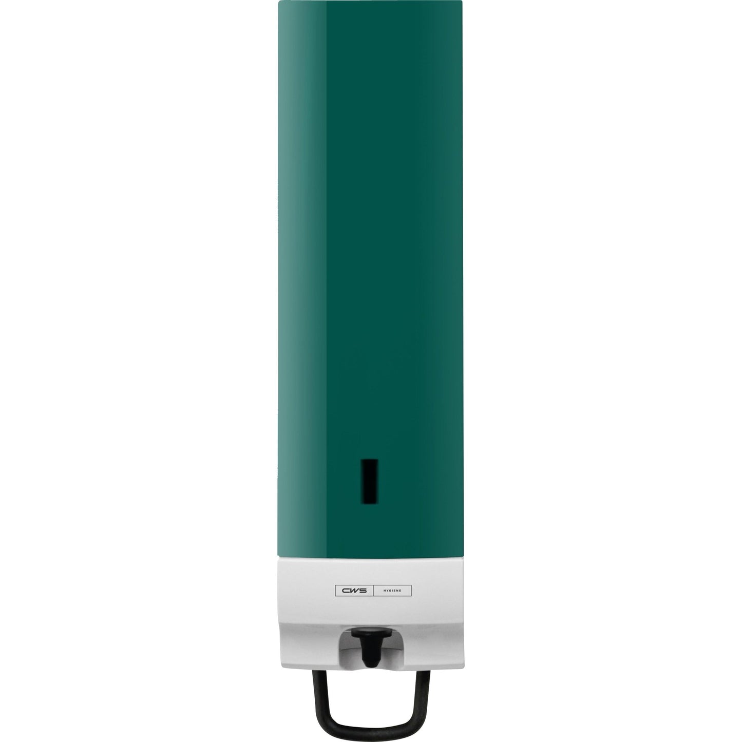 Un pannello frontale rettangolare CWS montato a parete per il distributore di schiuma di sapone Foam Slim Non-Touch dispone di una piastra frontale verde scuro, una base bianca e una leva inferiore per l'erogazione. Sulla parte anteriore della base c'è il logo CWS.