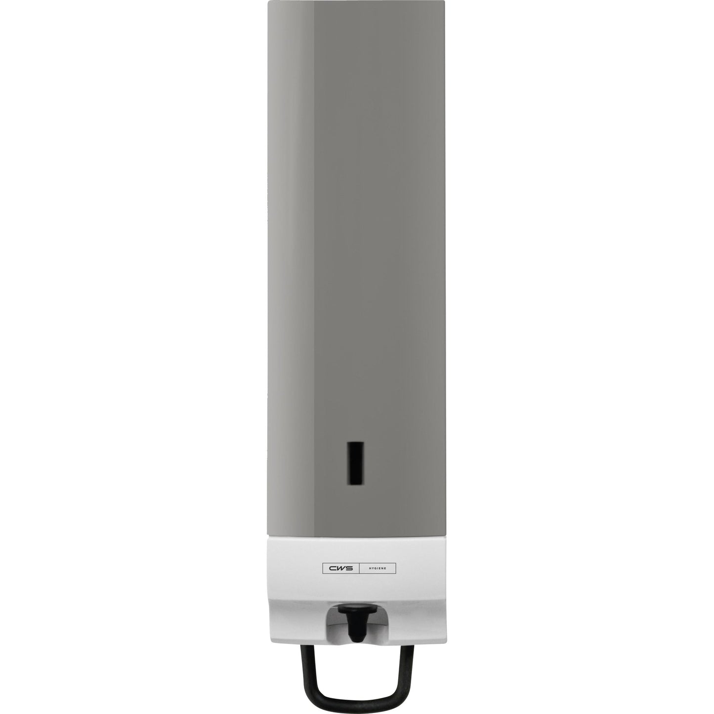 Il pannello frontale CWS per il distributore di schiuma di sapone Foam Slim Non-Touch è un distributore rettangolare montato a parete con frontale grigio, piccola finestra verticale e parte inferiore bianca con logo CWS.