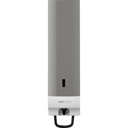 Il pannello frontale CWS per il distributore di schiuma di sapone Foam Slim Non-Touch è un distributore rettangolare montato a parete con frontale grigio, piccola finestra verticale e parte inferiore bianca con logo CWS.