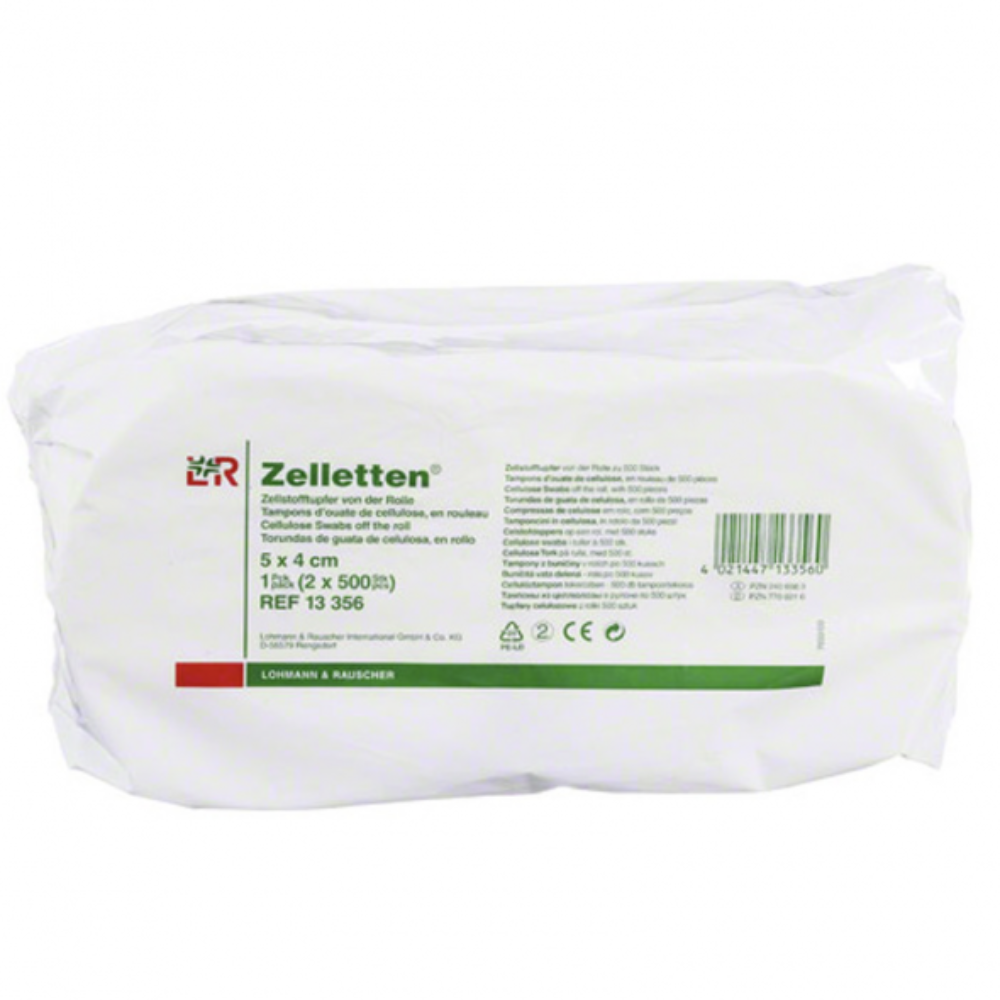 La confezione di tamponi di cellulosa Zelletten® di Lohmann & Rauscher è ideale per applicazioni mediche. L'etichetta indica le dimensioni (5 x 4 cm), la quantità (2 confezioni da 500 pezzi) e il numero di riferimento (13 356). La confezione è prevalentemente bianca con testo verde.