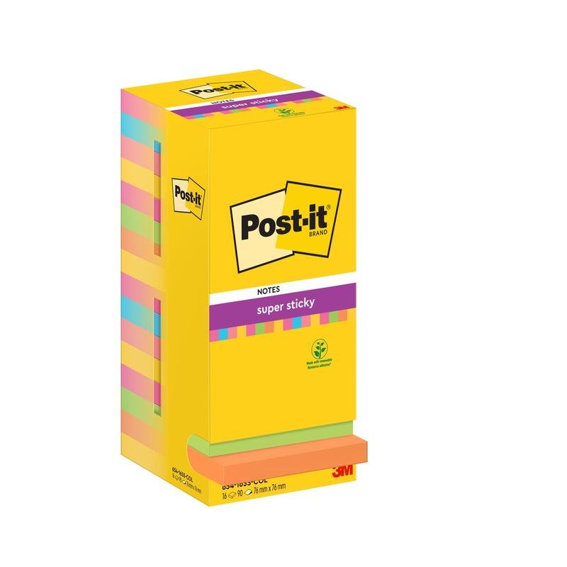 Una confezione con 16 Post-it® Super Sticky Notes (76 x 76 mm, 90 fogli/blocco) in vari colori della 3M Deutschland GmbH, certificata PEFC (SGSCH-PEFC-COC-110078), con informazioni sul prodotto e loghi sulla scatola bianca.