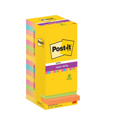 Una confezione con 16 Post-it® Super Sticky Notes (76 x 76 mm, 90 fogli/blocco) in vari colori della 3M Deutschland GmbH, certificata PEFC (SGSCH-PEFC-COC-110078), con informazioni sul prodotto e loghi sulla scatola bianca.