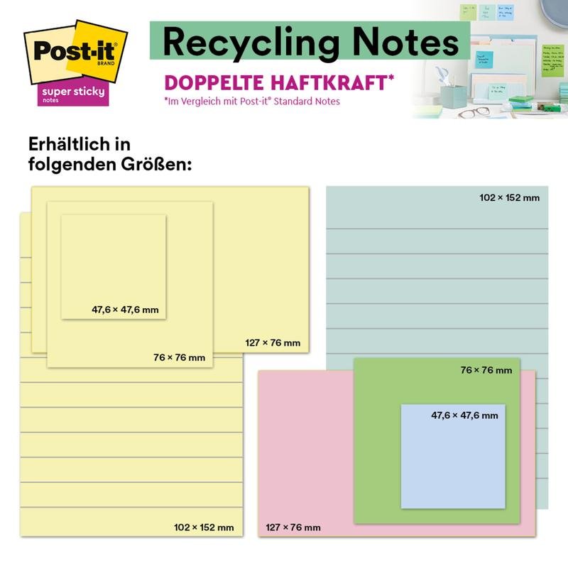 Una tabella mostra i Post-it® Super Sticky 100% Recycling Notes (47,6 x 47,6 mm, 70 fogli/blocco, PEFC) di 3M nei colori giallo, verde, blu e rosa con dimensioni in lingua tedesca e una foto del prodotto su una scrivania in alto a destra.