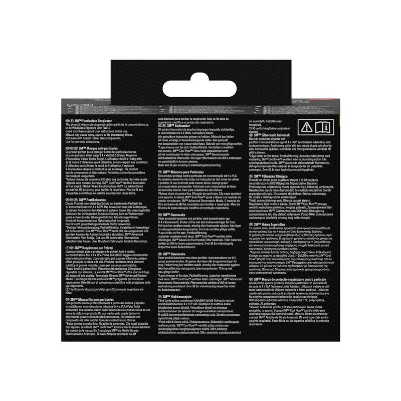 Il retro della maschera antiparticolato 3M™ 8810, FFP2, senza valvola (confezione da 3) di 3M Deutschland GmbH è dotato di testo bianco multilingue su sfondo nero, una linguetta di sospensione con ritaglio in alto e due piccoli simboli nell'angolo in alto a destra.