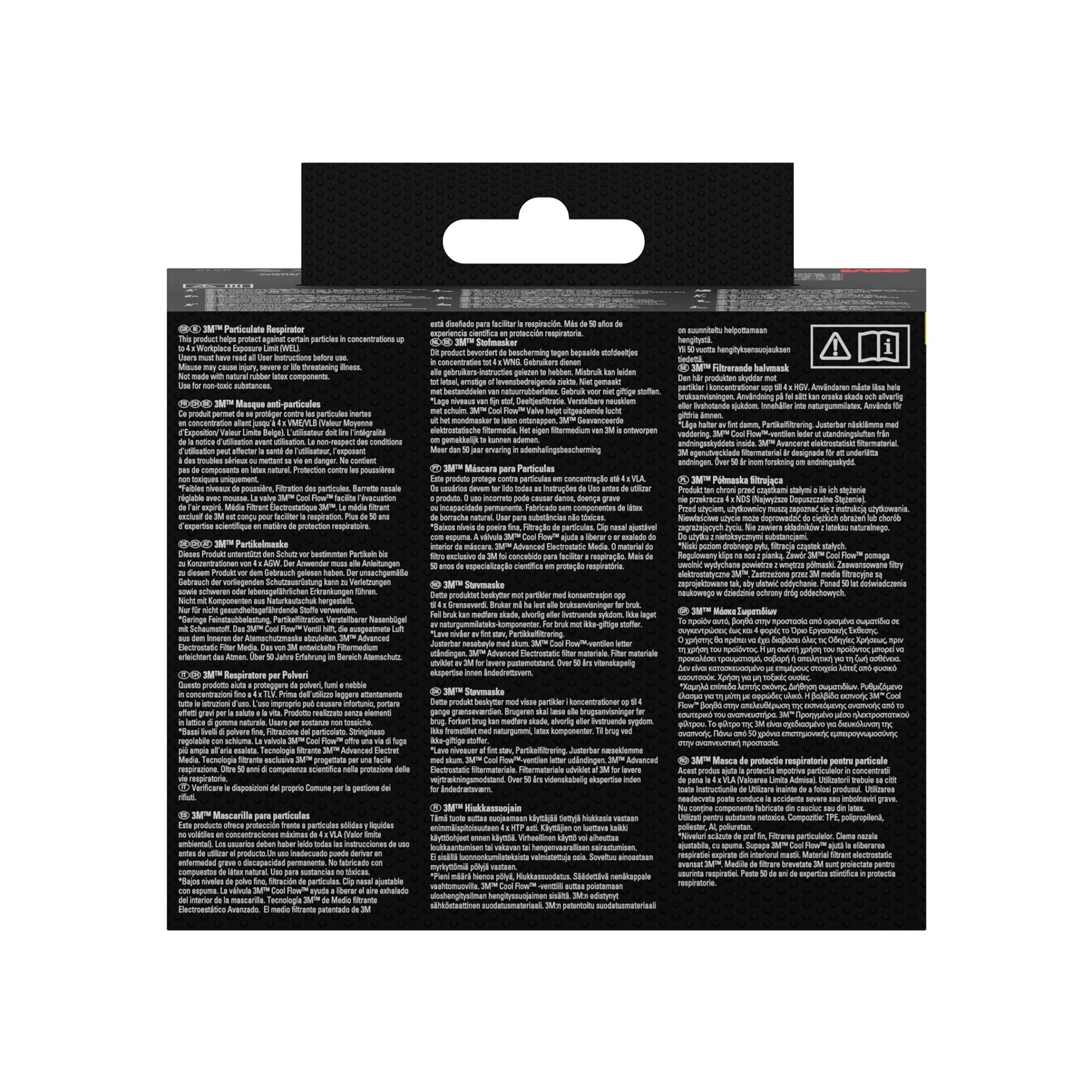 Rückseite der 3M™ Partikelmaske 8810 FFP2-Packung (3 Masken, ohne Ventil) von 3M Deutschland GmbH, mit mehrspaltigem, mehrsprachigem weißem Text und Symbolen auf schwarzem Hintergrund; die Packung hat oben in der Mitte eine Aufhängelasche. Der Text ist aufgrund der Auflösung nicht vollständig lesbar.